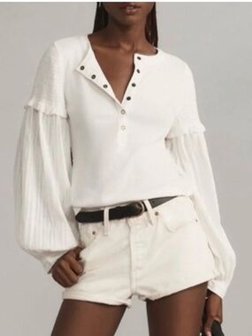 Anthropologie Pilcro The Andie Ribbed Henley Top White Balloon-Sleeve Sz. M